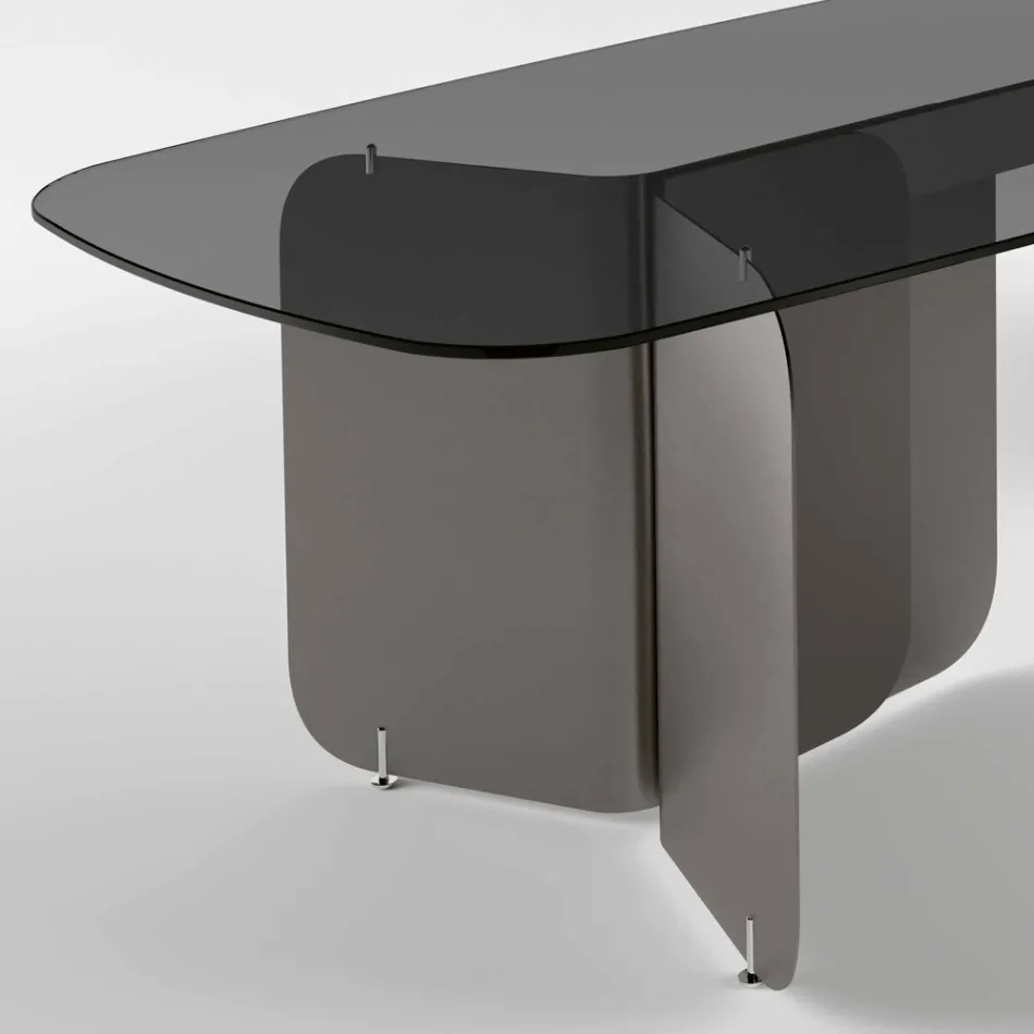 Tavolo con Piano Sagomato in Vetro e Base in Metallo Curvato - Piacere Viadurini