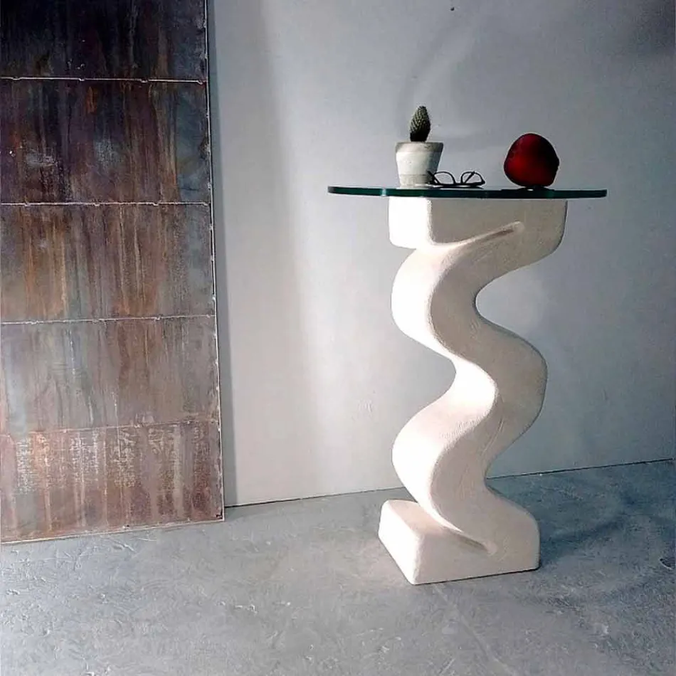 Tavolo consolle tondo in pietra e cristallo di design Babylas Viadurini