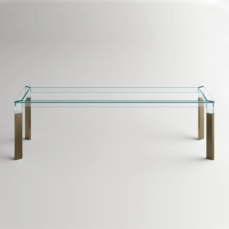 Tavolo Cucina in Vetro Extrachiaro con Gambe in Legno Made in Italy - Super Viadurini