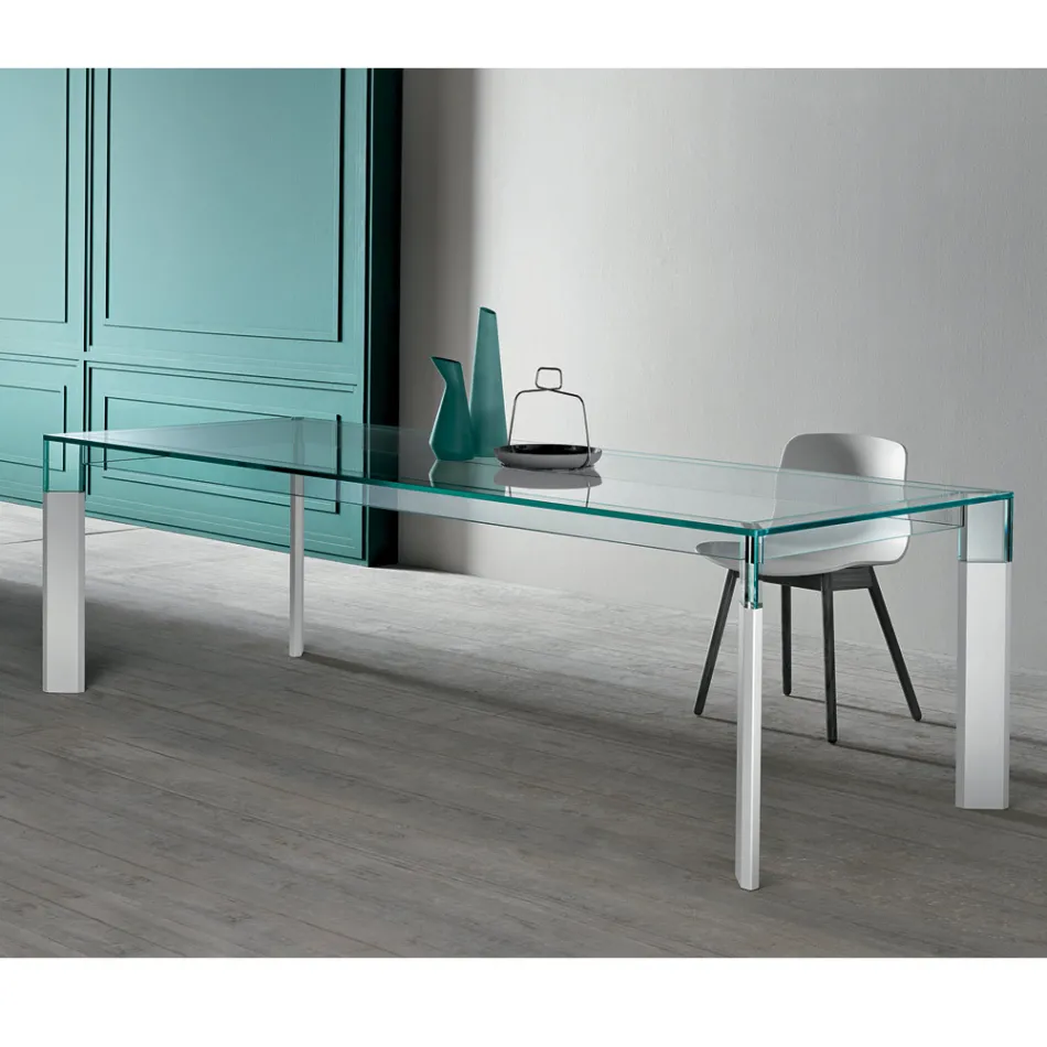 Tavolo Cucina in Vetro Extrachiaro con Gambe in Legno Made in Italy - Super Viadurini