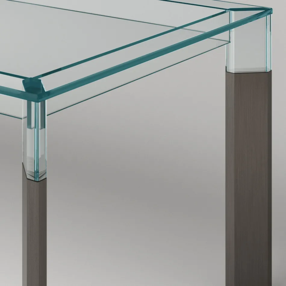 Tavolo Cucina in Vetro Extrachiaro con Gambe in Legno Made in Italy - Super Viadurini