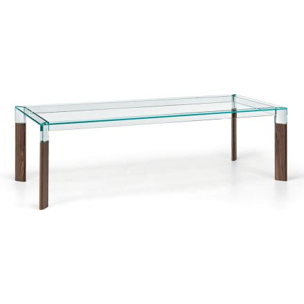 Tavolo Cucina in Vetro Extrachiaro con Gambe in Legno Made in Italy - Super Viadurini