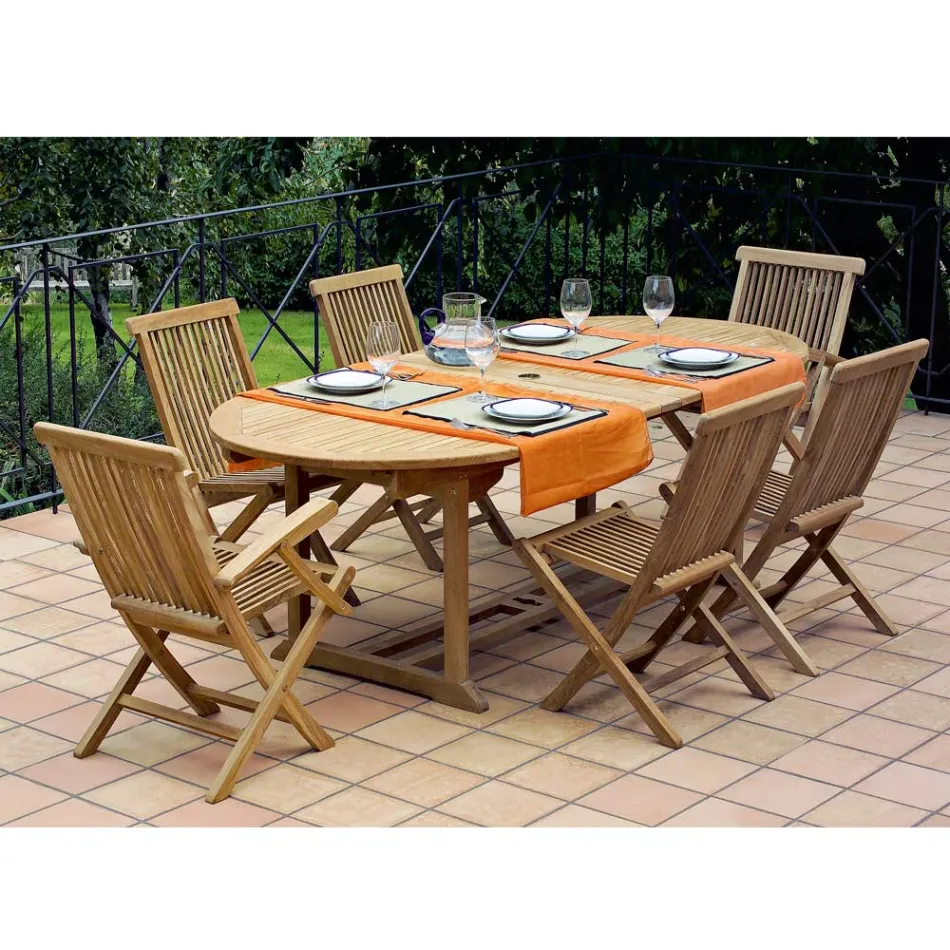 Tavolo da Esterno con 2 Poltroncine e 4 Sedie in Teak - Yggdrasil Viadurini