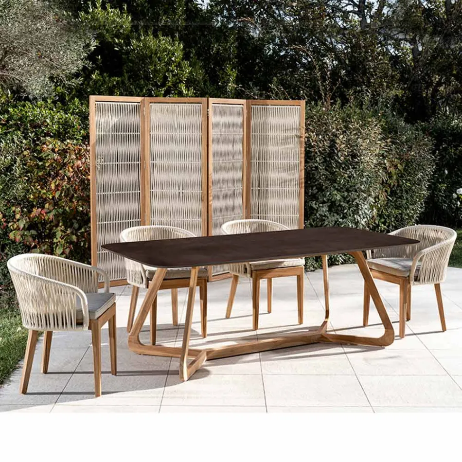 Tavolo da Esterno con Base in Legno e Piano in Ceramica Metal Corten - Infinity Viadurini