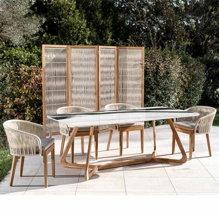 Tavolo da Esterno con Base in Legno e Piano in Ceramica Panda White - Infinity Viadurini