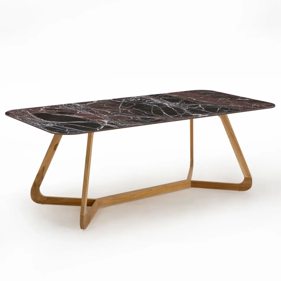 Tavolo da Esterno con Base in Legno e Piano in Ceramica Rosso Domus - Infinity Viadurini