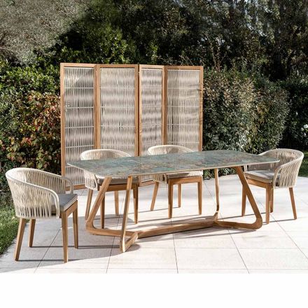 Tavolo da Esterno con Base in Legno e Piano in Ceramica Santos - Infinity Viadurini