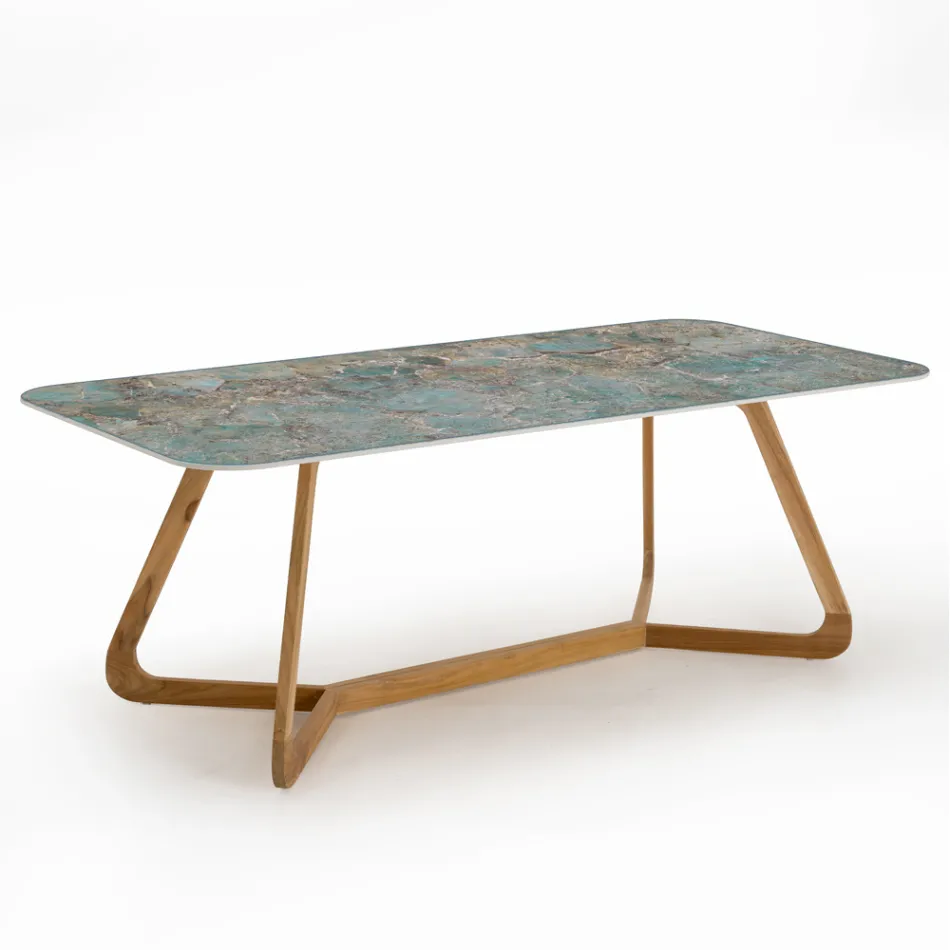 Tavolo da Esterno con Base in Legno e Piano in Ceramica Santos - Infinity Viadurini