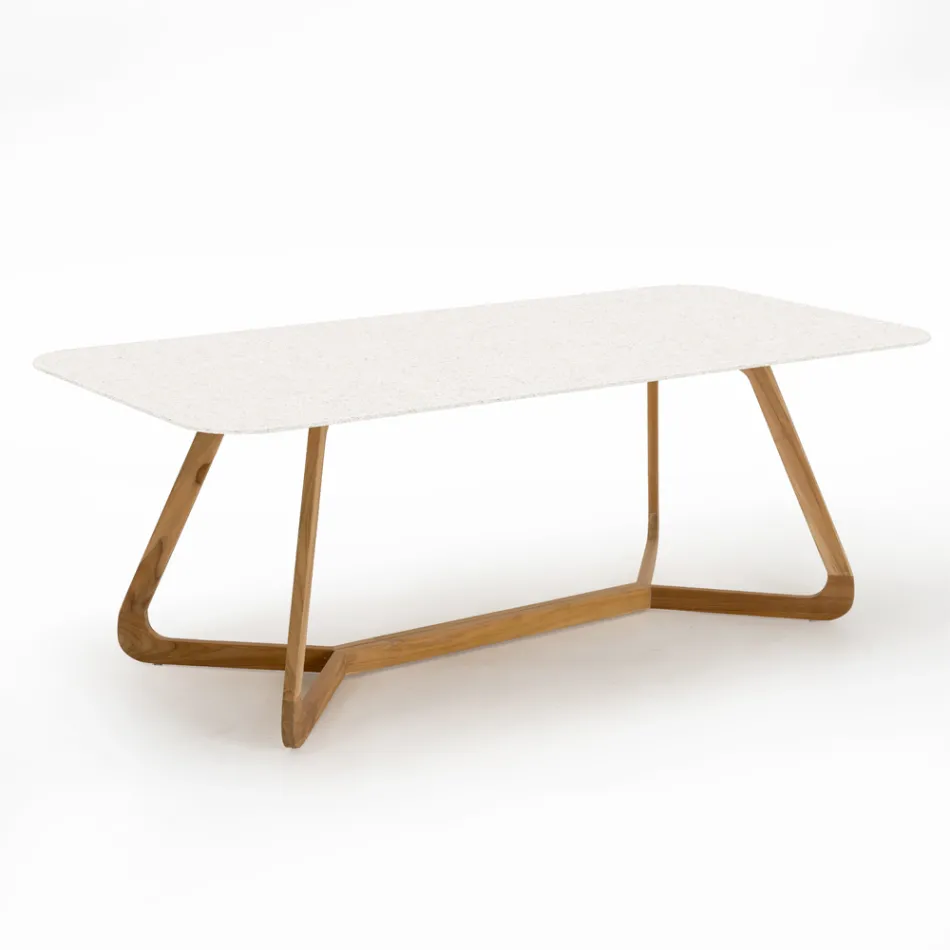 Tavolo da Esterno con Base in Legno e Piano in Ceramica Terrazzo White - Infinity Viadurini