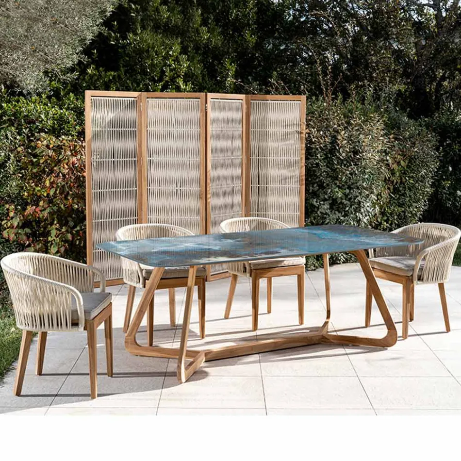 Tavolo da Esterno con Base in Legno e Piano in Ceramica Thunderstorm - Infinity Viadurini