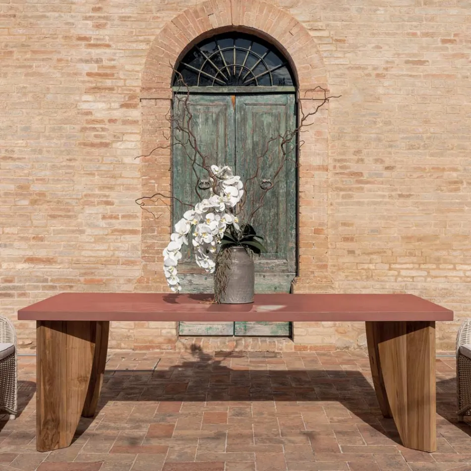 Tavolo da Esterno in Okumè Finitura Microcemento e Teak Made in Italy - Pencil Viadurini