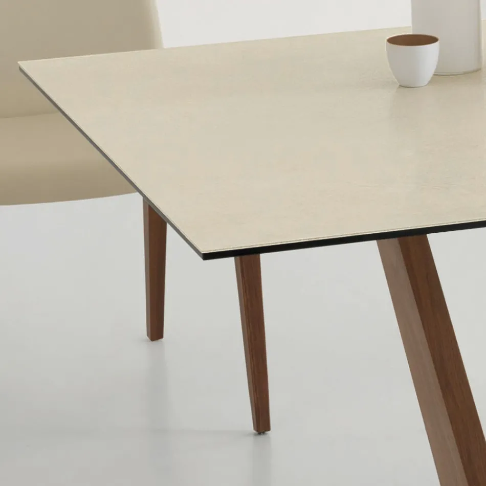 Tavolo da Pranzo Allungabile a 3 m in Ceramica e Gambe in Legno - Cesteo Viadurini