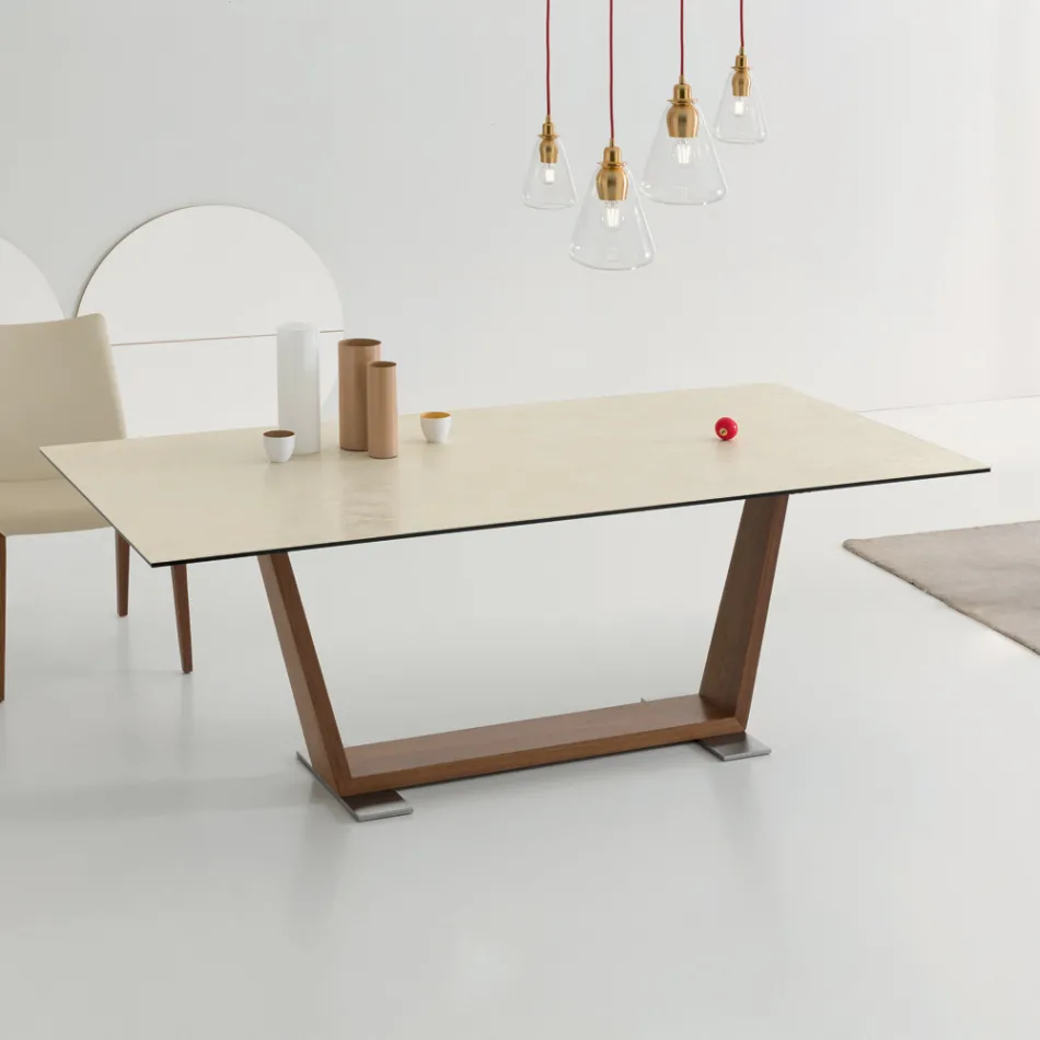Tavolo da Pranzo Allungabile a 3 m in Ceramica e Gambe in Legno - Cesteo Viadurini
