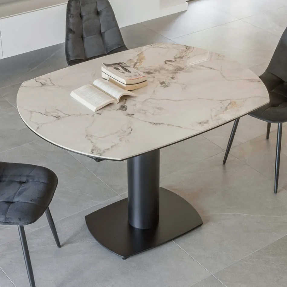 Tavolo da Pranzo Allungabile in Ceramica e Base Metallo - Indira Viadurini