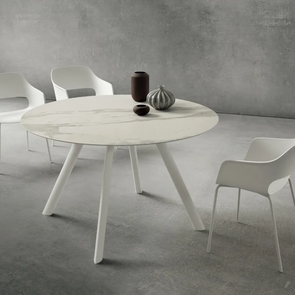 Tavolo da Pranzo con Piano Rotondo in Laminam Realizzato in Italia - Lingotto Viadurini