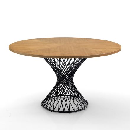 Tavolo da Pranzo con Piano Rotondo in Mdf Impiallacciato Rovere - Emmanuel Viadurini