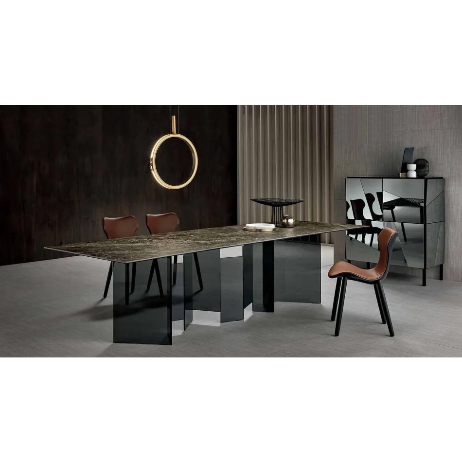 Tavolo da Pranzo di Design in Ceramica e Base Vetro Fumè Made in Italy – Random Viadurini