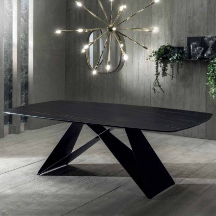 Tavolo da Pranzo di Design in Ceramica Effetto Portoro e Metallo Opaco - Falcon Viadurini