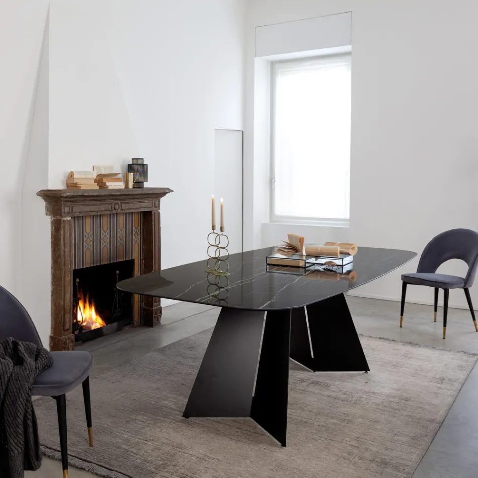 Tavolo da Pranzo in Ceramica Florim Thunder Night Lucido e Acciaio - Medunotav Viadurini