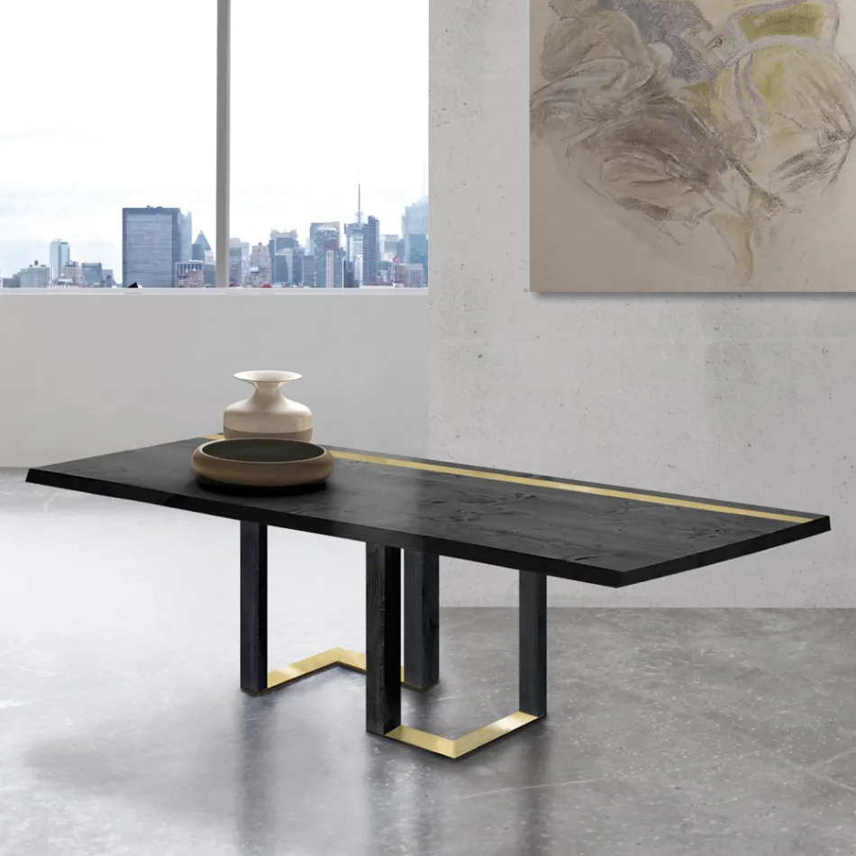 Tavolo da Pranzo in Legno di Rovere Nodato e Elementi Metallici Made in Italy - Giusy Viadurini