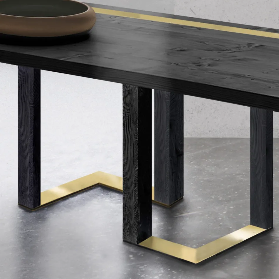 Tavolo da Pranzo in Legno di Rovere Nodato e Elementi Metallici Made in Italy - Giusy Viadurini