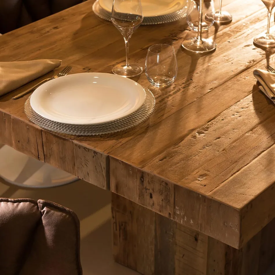 Tavolo da Pranzo in Legno Tropicale Reciclato con Doppio Basamento - Slide Viadurini