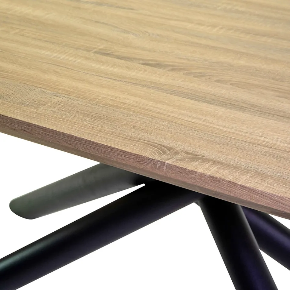 Tavolo da Pranzo in MDF Effetto Legno e Base in Metallo Nero - Tramonto Viadurini