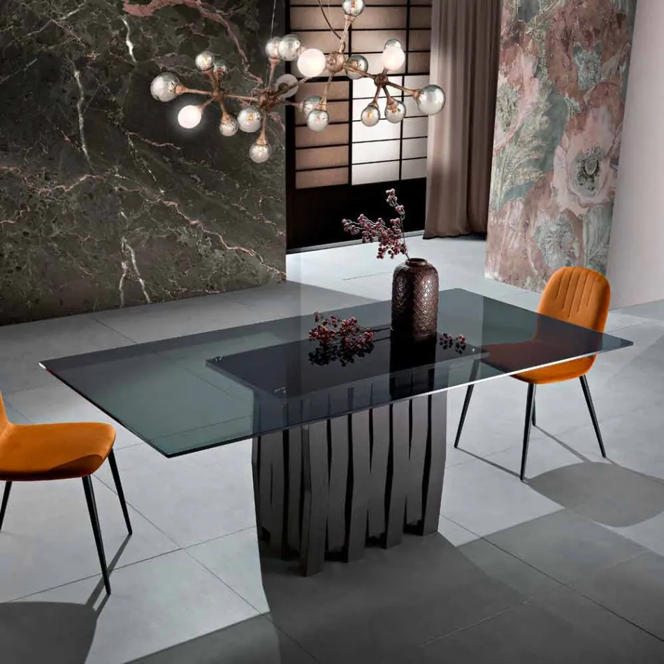 Tavolo da pranzo in vetro e legno massello made in Italy, Egisto Viadurini