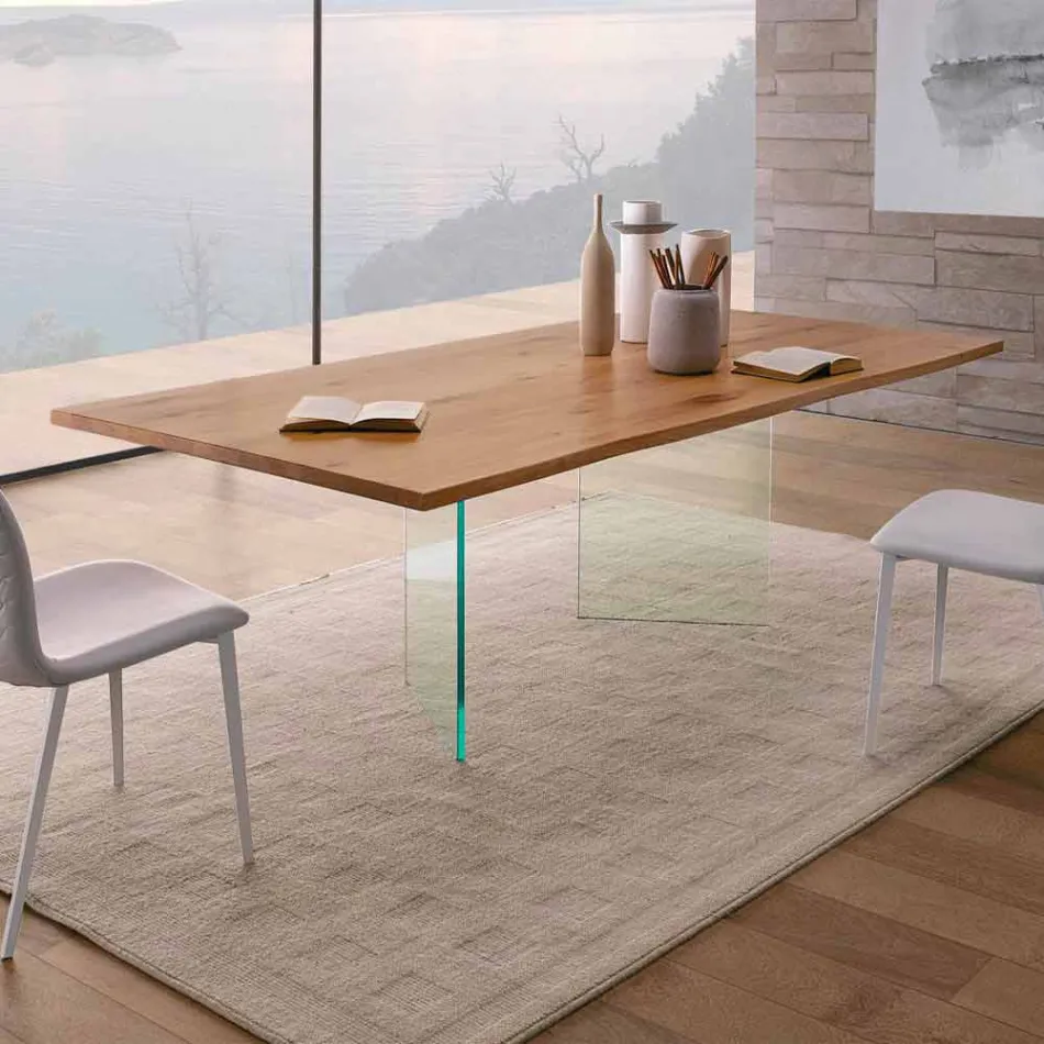 Tavolo da Pranzo Moderno in Rovere Nodato e Vetro Made in Italy - Sibillo Viadurini