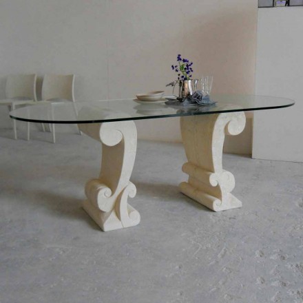 Tavolo da pranzo ovale di pietra e cristallo di design classico Aracne Viadurini