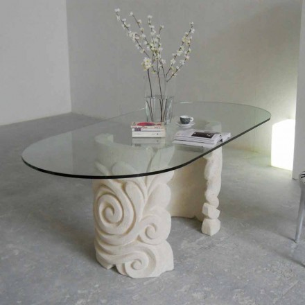 Tavolo da pranzo ovale in pietra e cristallo di design moderno Aden Viadurini