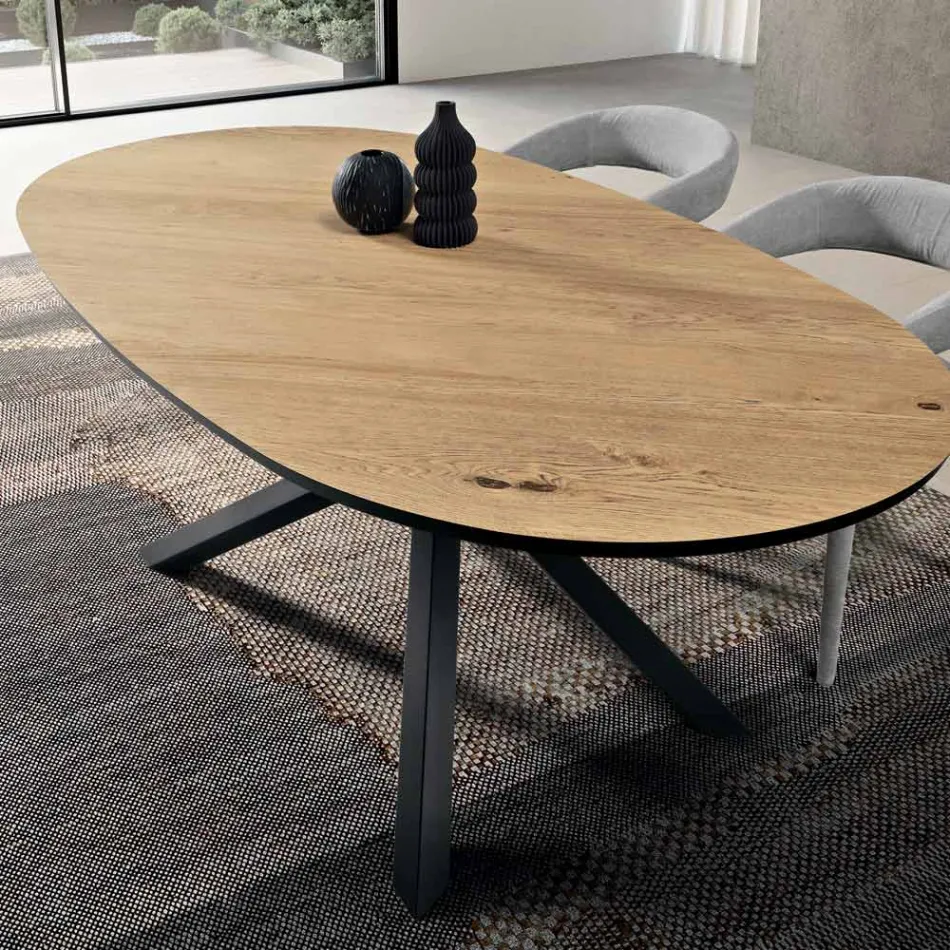 Tavolo da Pranzo Ovale in Rovere Impiallacciato e Base in Metallo Nera - Domo Viadurini