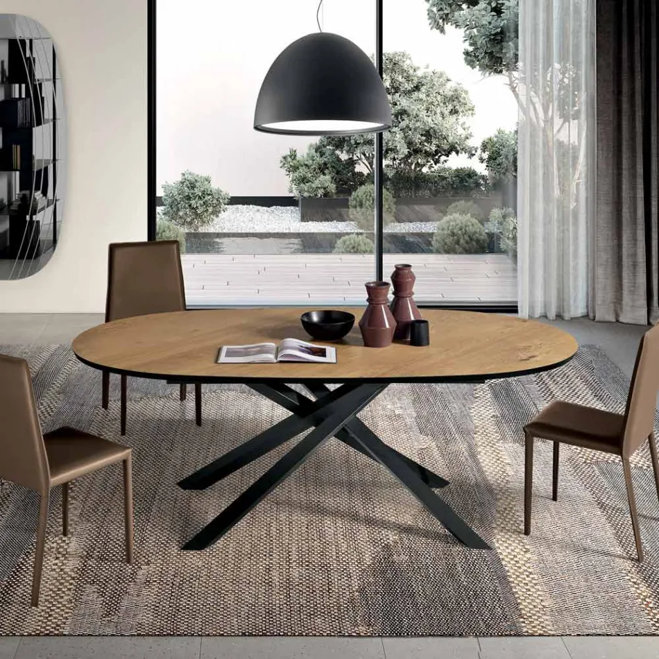 Tavolo da Pranzo Ovale in Rovere Impiallacciato e Base in Metallo Nera - Domo Viadurini