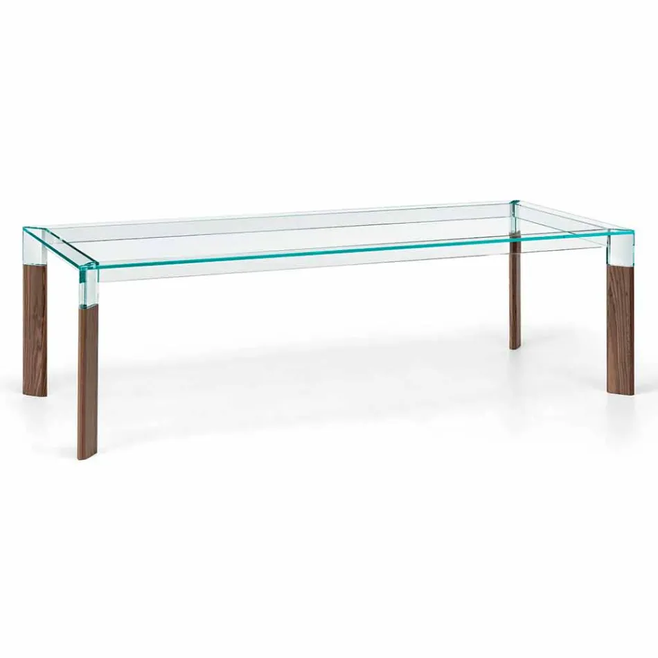 Tavolo da Pranzo Piano in Vetro e Base Legno Massello Made in Italy - Presino  Viadurini