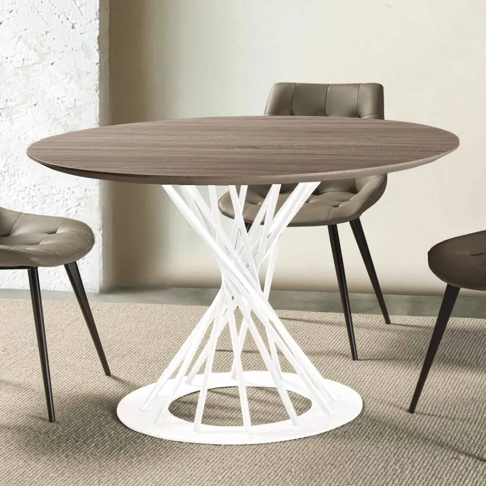 Tavolo da Pranzo Rotondo con Piano in Legno Laminato e Base in Acciaio - Mileto Viadurini