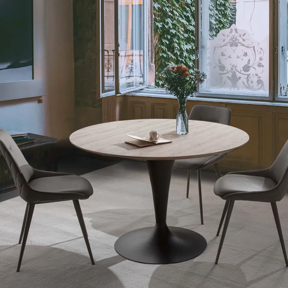 Tavolo da Pranzo Rotondo con Piano in Legno Laminato Rovere Materico - Moreno Viadurini