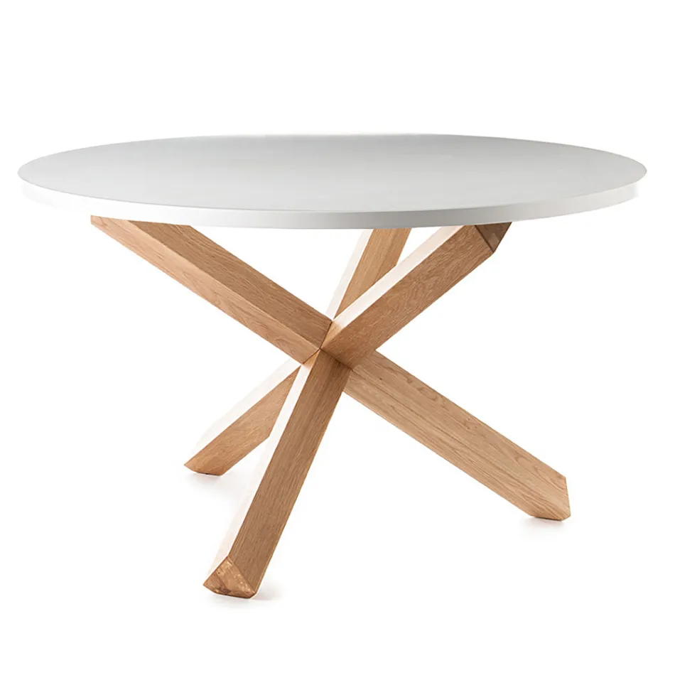 Tavolo da Pranzo Rotondo in Mdf Bianco Opaco e Legno Massello - Dante Viadurini
