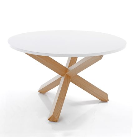 Tavolo da Pranzo Rotondo in Mdf Bianco Opaco e Legno Massello - Dante Viadurini