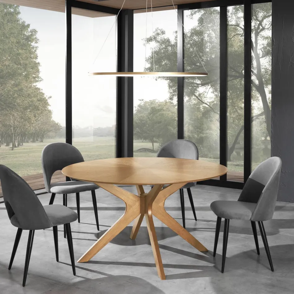 Tavolo da Pranzo Rotondo in Mdf Impiallacciato e Legno Massello - Fulmine Viadurini
