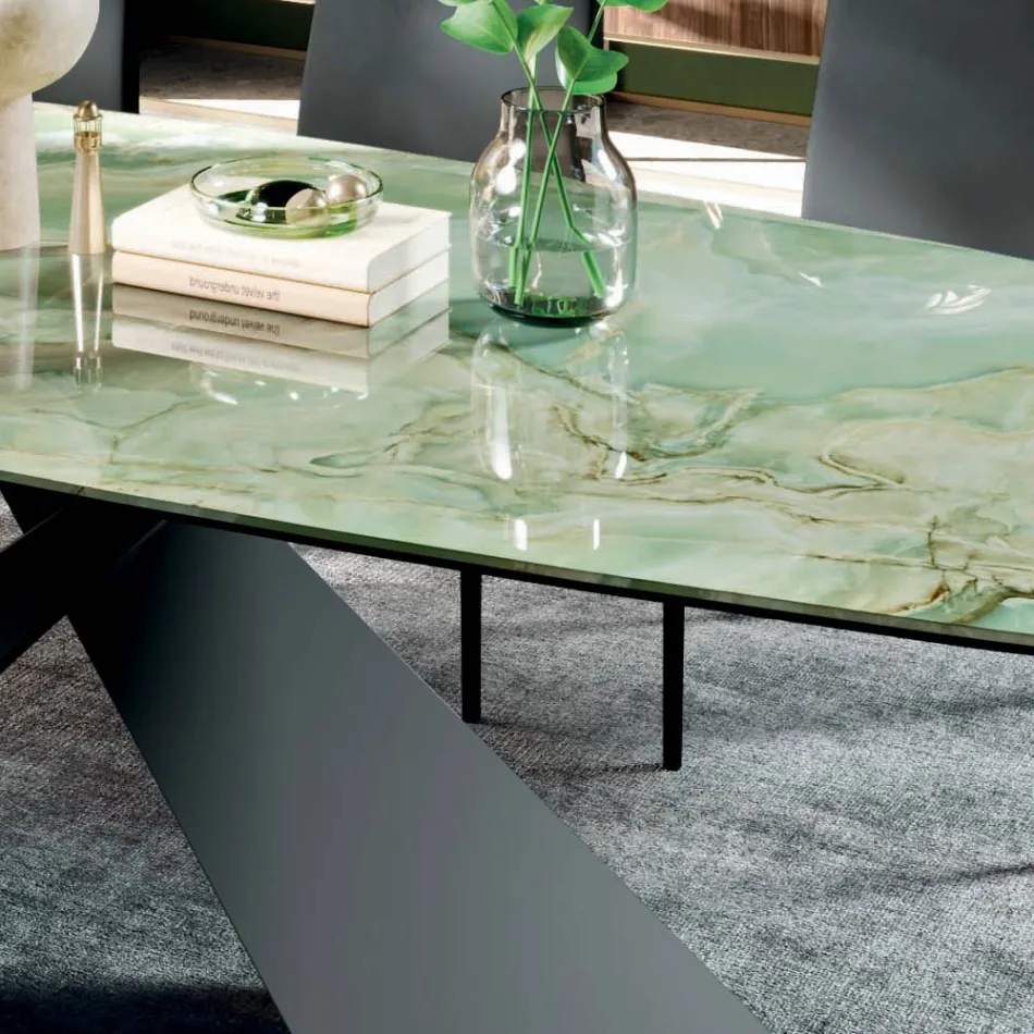 Tavolo da Soggiorno Fisso con Piano in Ceramica Realizzato in Italia - Ferie Viadurini