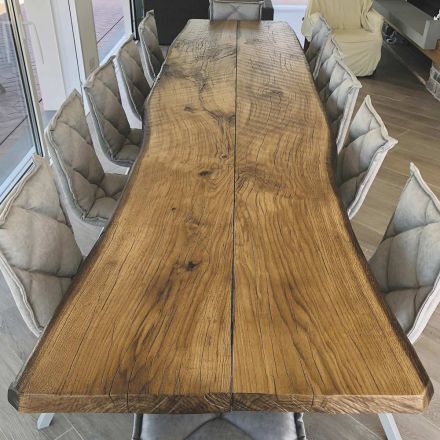 Tavolo da Soggiorno in Quercia Secolare e 12 Sedie Incluse Made in Italy - Dite, Pezzo Unico Viadurini
