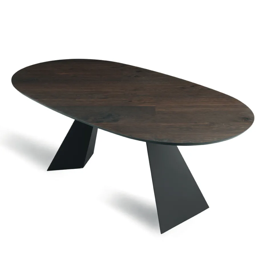 Tavolo Fisso 210x109 cm in Metallo e Rovere Impiallacciato Ovale - Marcello Viadurini