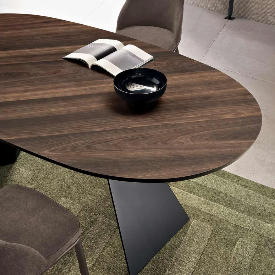 Tavolo Fisso 210x109 cm in Metallo e Rovere Impiallacciato Ovale - Marcello Viadurini