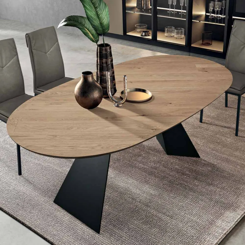 Tavolo Fisso 210x109 cm in Metallo e Rovere Impiallacciato Ovale - Marcello Viadurini