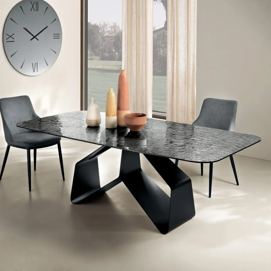 Tavolo Fisso 210x110 cm con Piano in Vetro Martellato e Base in Metallo - Adriano Viadurini