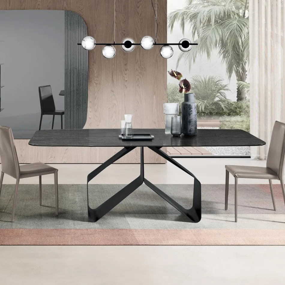Tavolo Fisso 210x110 cm con Piano in Vetro Rigato e Base in Metallo - Adriano Viadurini