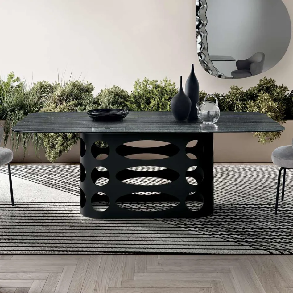 Tavolo Fisso 210x110 cm con Piano in Vetro Rigato Made in Italy - Tano Viadurini
