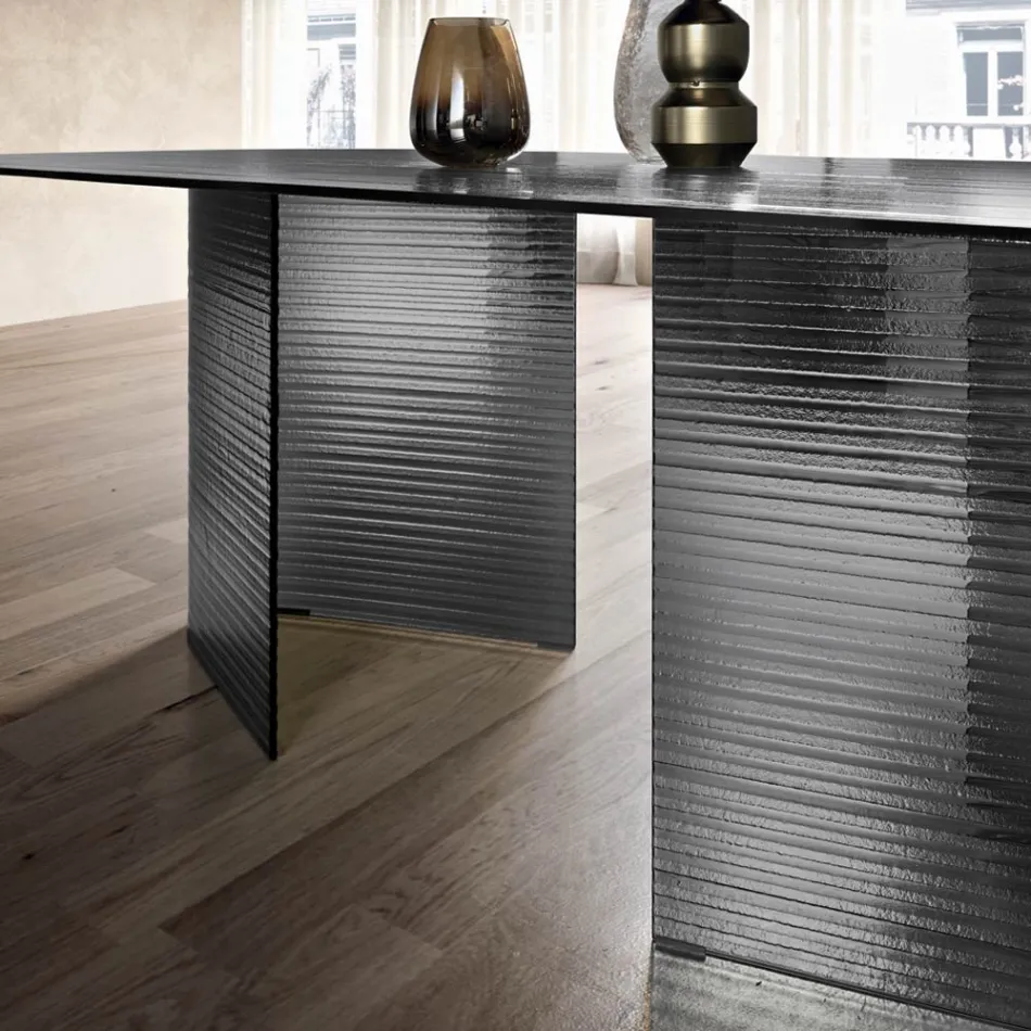 Tavolo Fisso 240x120 cm in Vetro Rigato Trasparente Made in Italy - Varo Viadurini