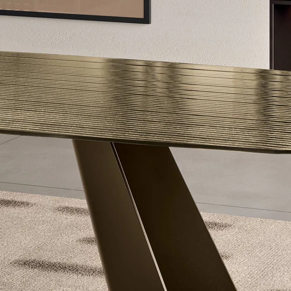 Tavolo Fisso con Base in Metallo e Piano in Vetro Rigato Made in Italy - Lumo Viadurini