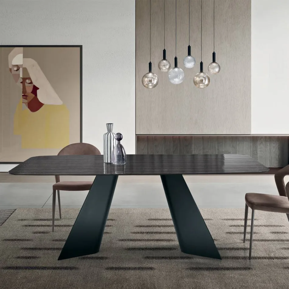 Tavolo Fisso con Base in Metallo e Piano in Vetro Rigato Made in Italy - Lumo Viadurini